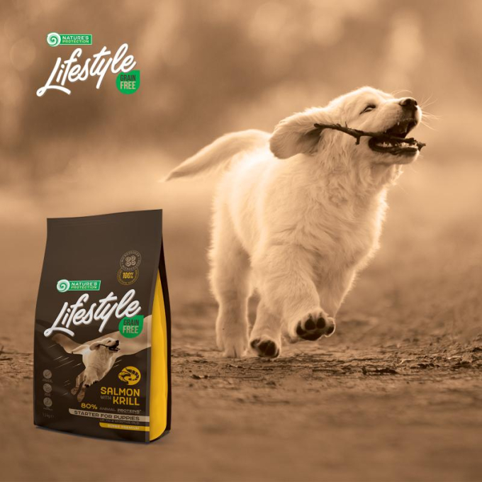 dry grain free food for puppies of all breeds with salmon and krill